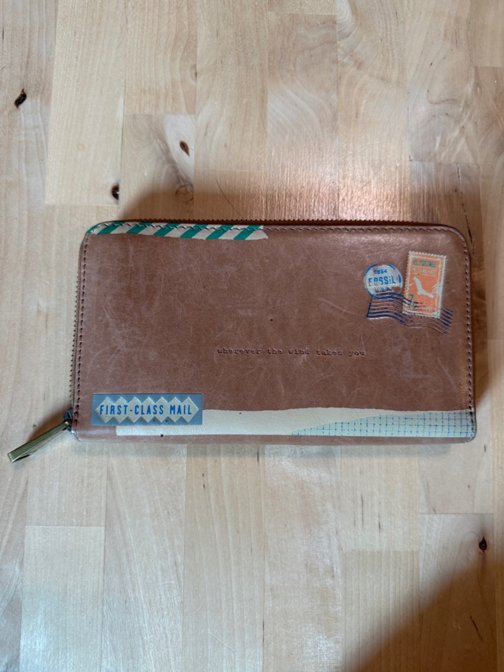 Fossil Brown Leather Zip Wallet First Class Mail Design